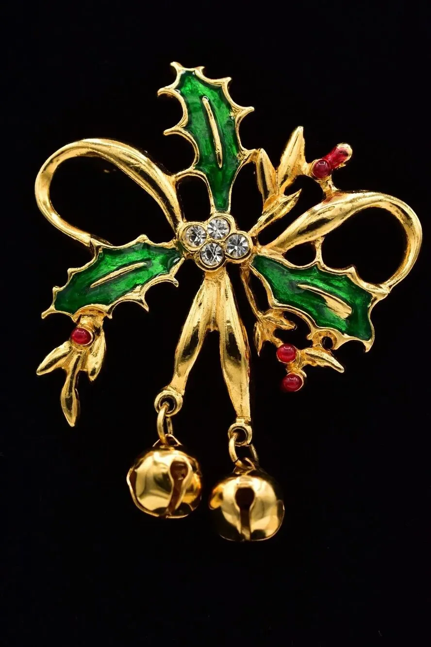 Vintage Christmas Pin Brooch Bell Holly Berry Green Red Enamel Gold 1980s BinAL